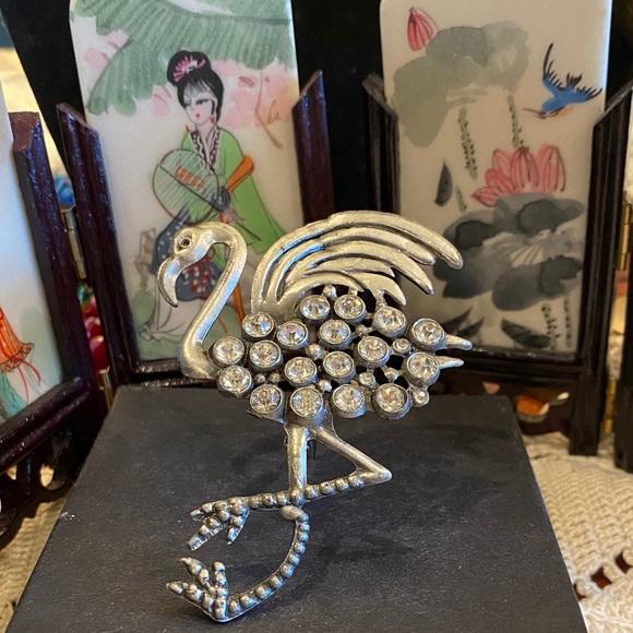 Silver  Tone Pot Metal Crystal Flamingo Brooch - Picture 1 of 9